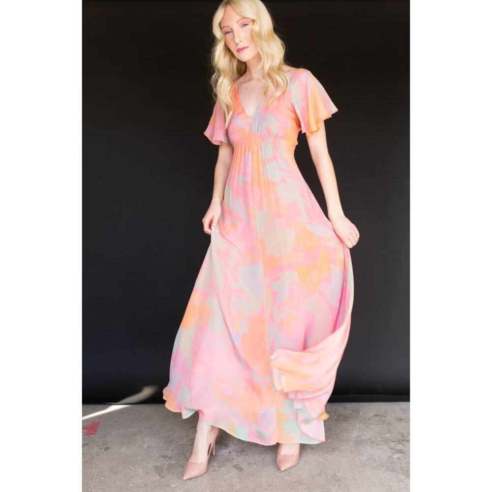 VEDA Multi Corazon Maxi XL Short Sleeve Double-V Neck Empire Smocked Pastel M